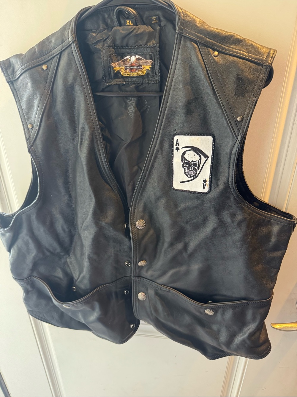Harley Davidson Black Leather Biker Vest with Ace Skull Patch